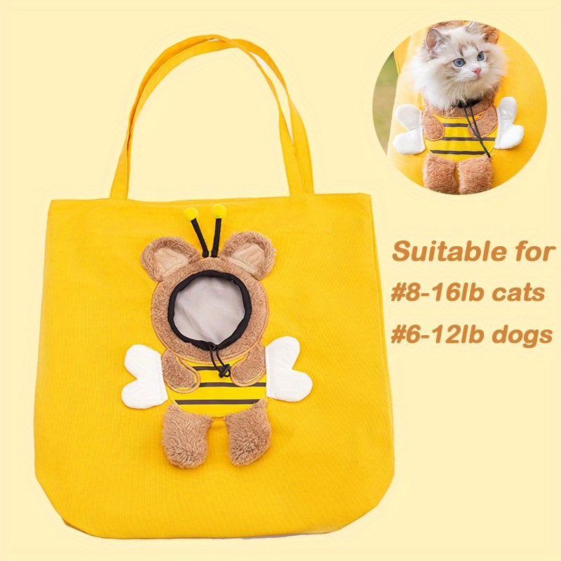 Yellow pet carrier tote bag with plush mouse character and front protective opening
