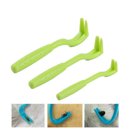 Three green tick removal hooks on white background, curved prongs with textured handles