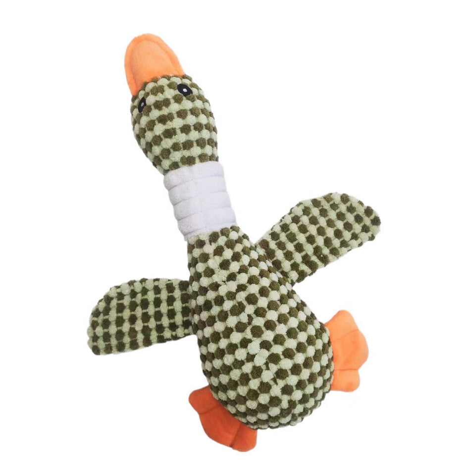 Olive-green plush dog molar toy with white stripes and orange paw accents.