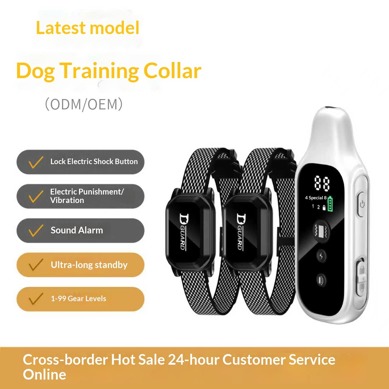White remote anti-bark training device with two black mesh dog collar receivers