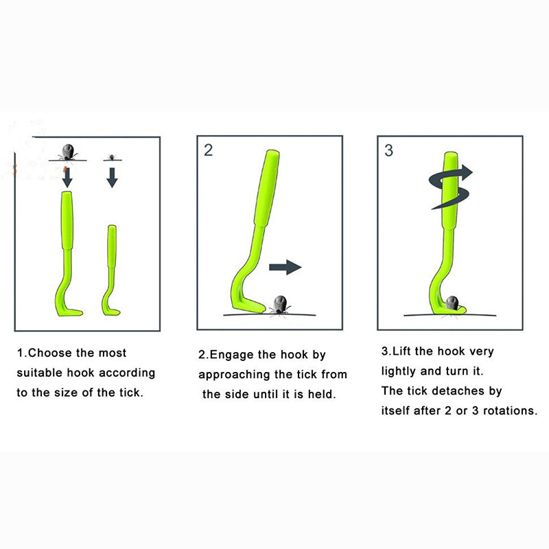 Green tick removal hooks showing 3-step use diagrams with different hook sizes