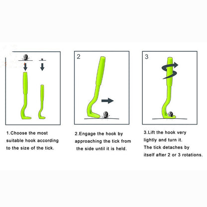Green tick removal hooks showing 3-step use diagrams with different hook sizes