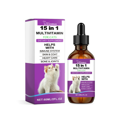 Pet Cat Daily Care 15 in 1 multivitamin for cats, box and 60ml dropper bottle