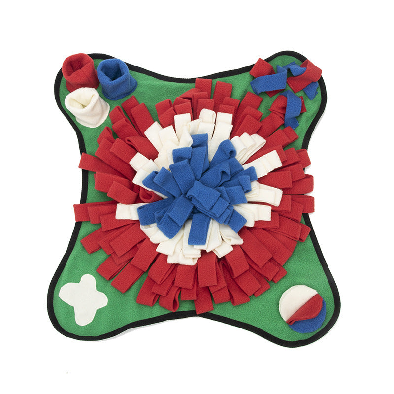 Foraging sniffing pad: green bone shape with red, white and blue fleece rosette