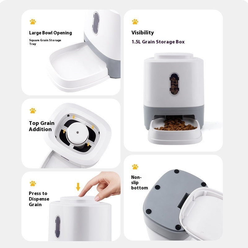 Pet feeder close-ups: large bowl opening and 1.5L grain storage container