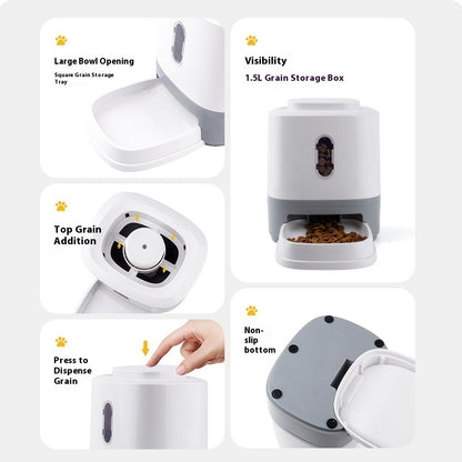 Pet feeder close-ups: large bowl opening and 1.5L grain storage container