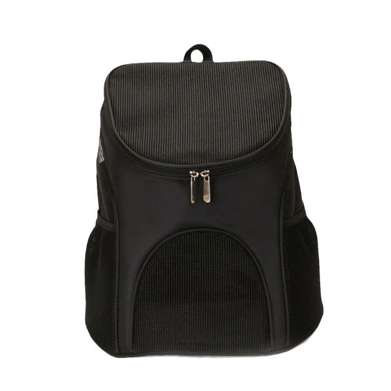 Black dog backpack carrier with large front mesh door, zipper closure and carry handle