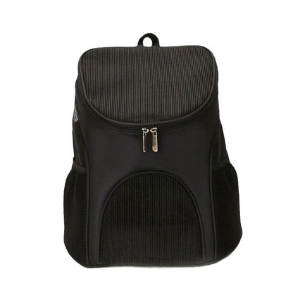 Black dog backpack carrier with large front mesh door, zipper closure and carry handle
