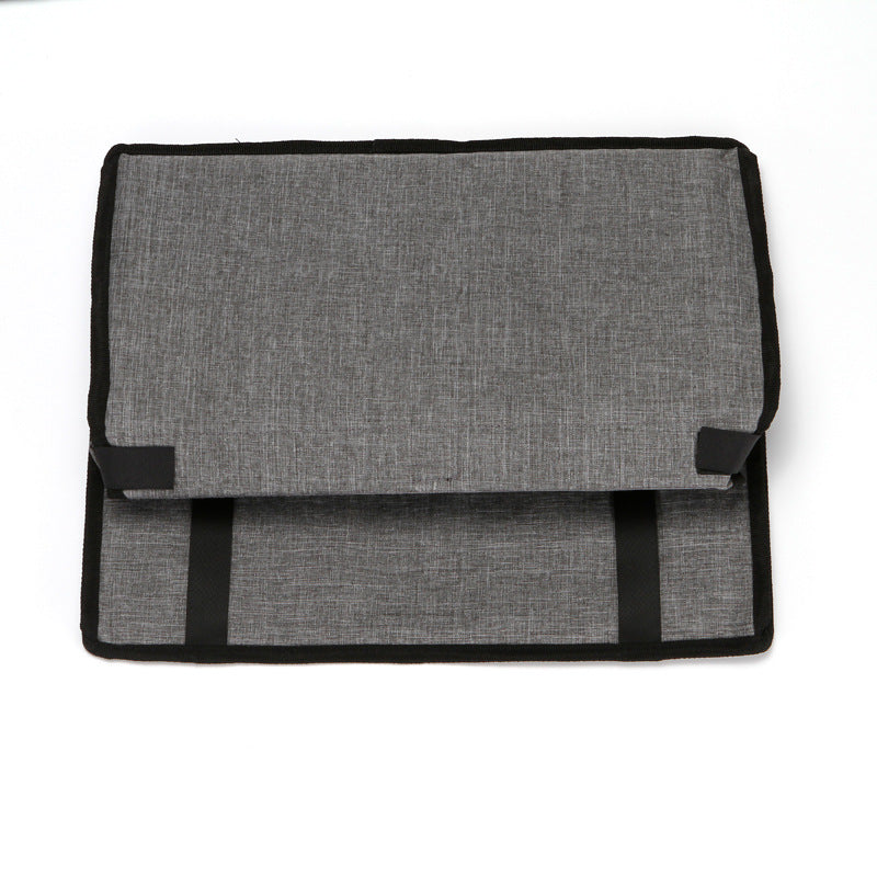 Foldable pet safety seat car bag in light grey, flat with webbing straps