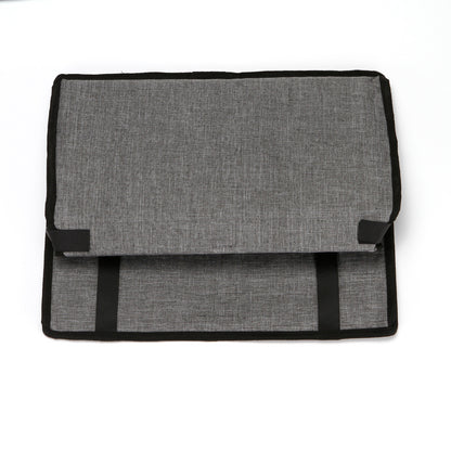 Foldable pet safety seat car bag in light grey, flat with webbing straps