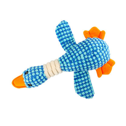 Blue plush dog molar cleaning chew toy with orange legs and white teething ridges