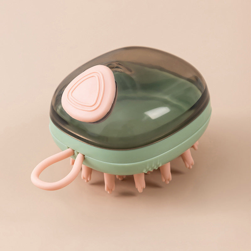 Blue pet grooming bath massage brush with soap dispenser, rubber nubs