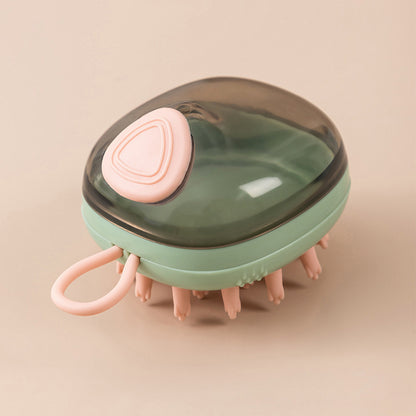 Blue pet grooming bath massage brush with soap dispenser, rubber nubs