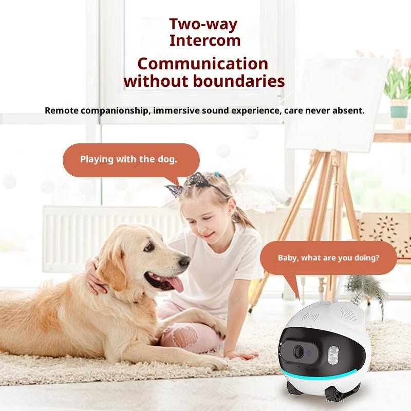 Wireless pet camera with two-way intercom, white/black body with blue LED indicator ring