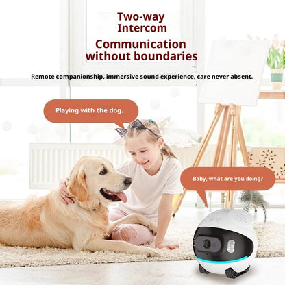 Wireless pet camera with two-way intercom, white/black body with blue LED indicator ring