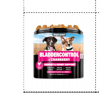 Bladder Control + Cranberry dog supplement tub with pink label and blue lid