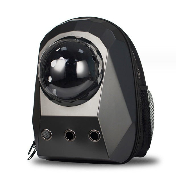 Black small pet carrier backpack with clear front bubble window and three air vents