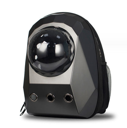 Black small pet carrier backpack with clear front bubble window and three air vents