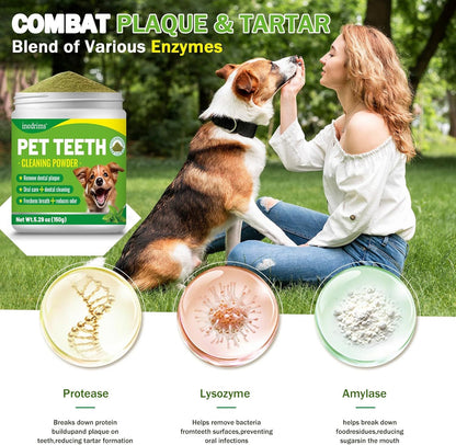 Pet Teeth cleaning powder jar and three ingredient bowls, with plaque & tartar message