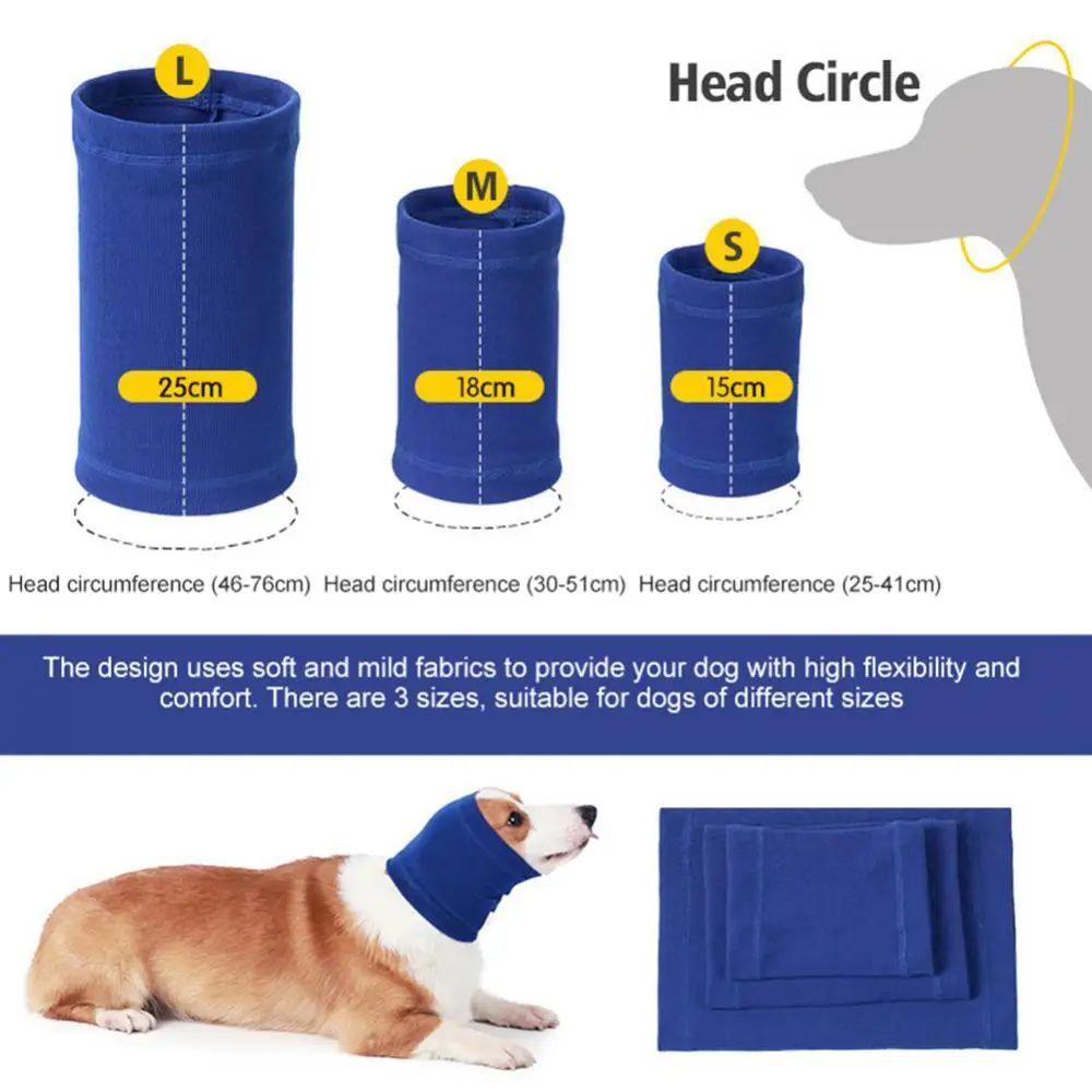 Adjustable dog headband earmuff in blue, size options S/M/L with head circle