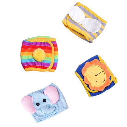 Pet anti-harassment safety pants: rainbow stripes, elephant, lion, and bee styles