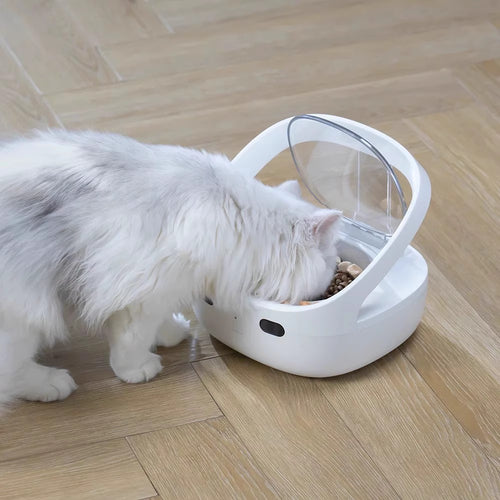 White smart pet feeder with transparent anti-theft cover, filled with kibble