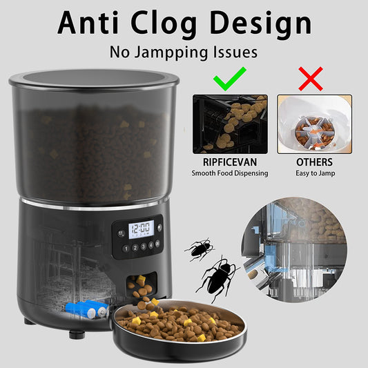 Automatic pet feeder 4L, black body, digital display and control buttons