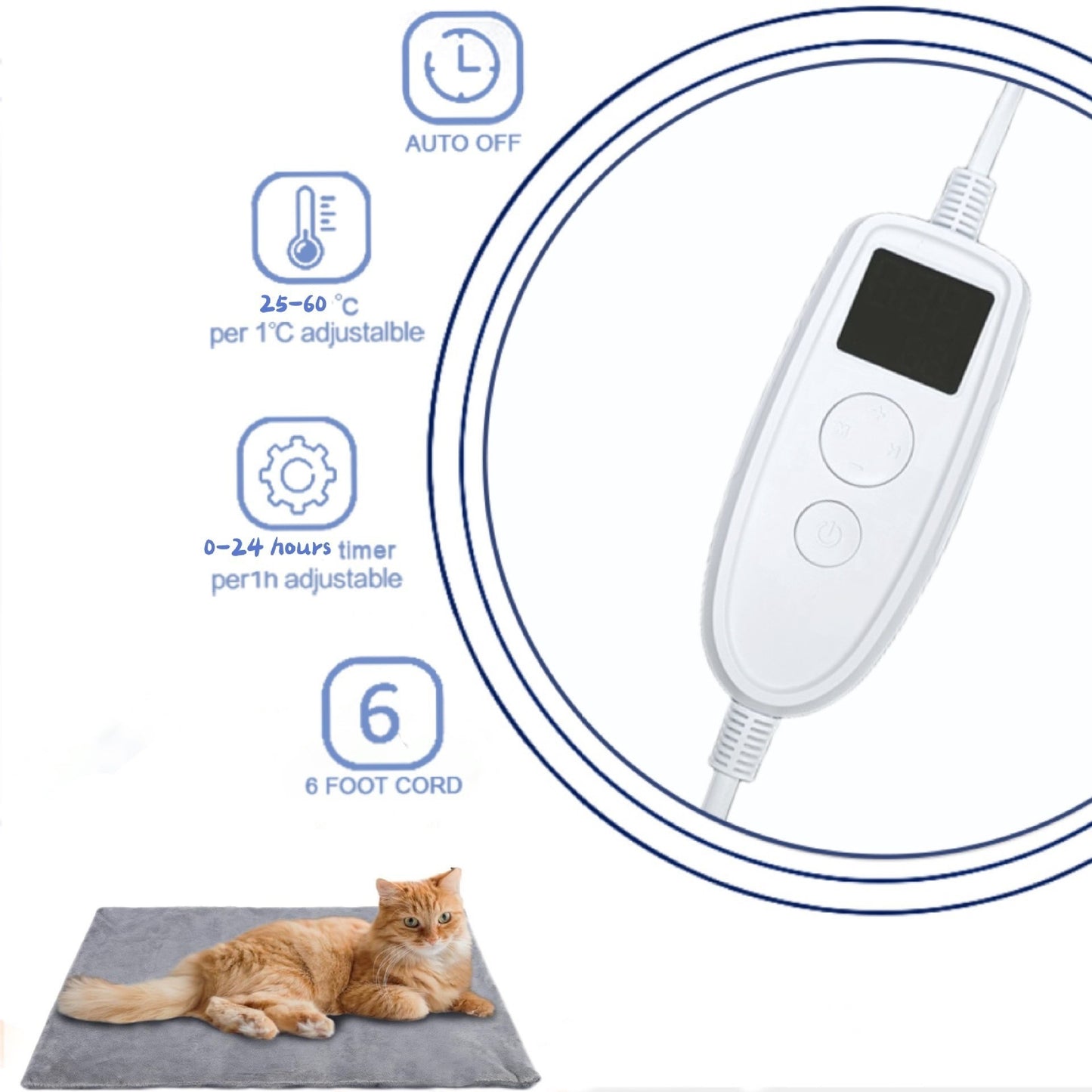 US pet electric blanket controller with auto-off, adjustable temp, and 6-ft cord
