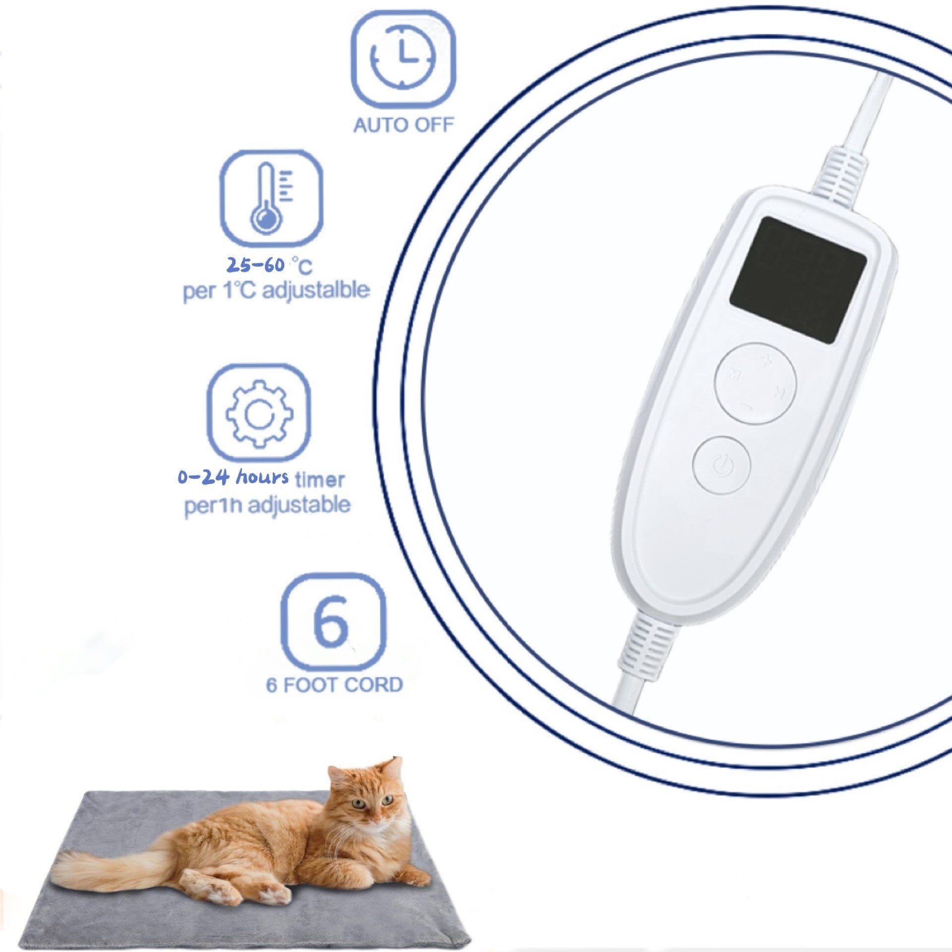 US pet electric blanket controller with auto-off, adjustable temp, and 6-ft cord