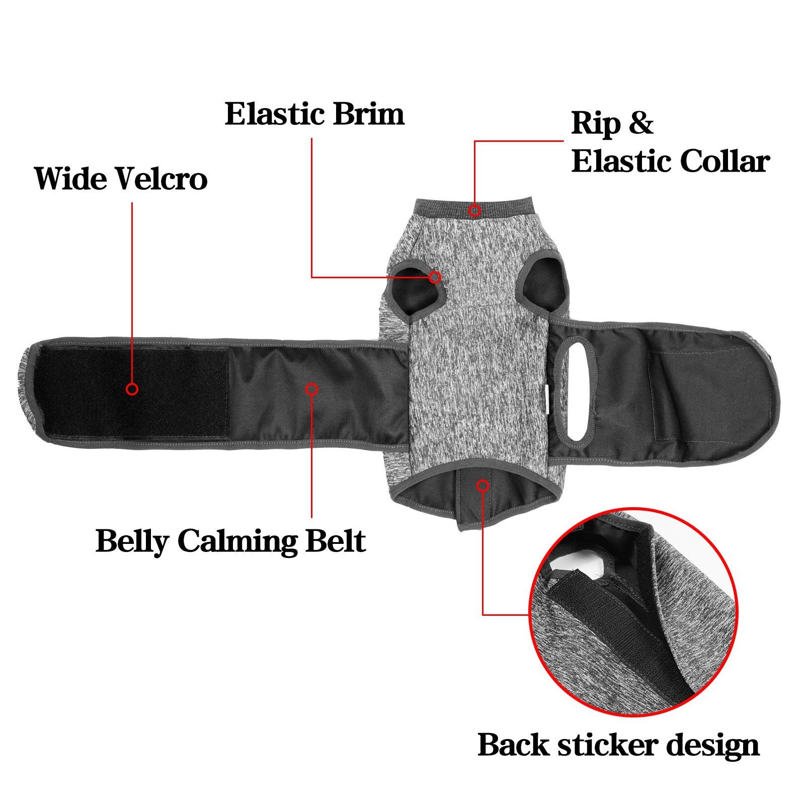 Cat calming vest with belly calming belt and wide Velcro at the sides