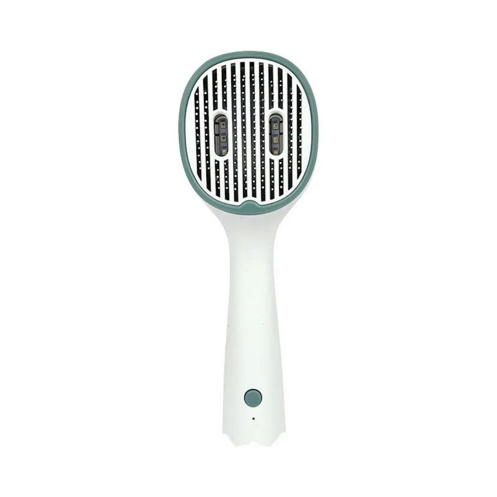 Pet UVC sterilizing comb brush with close-up needle slots, white handle and dark green trim