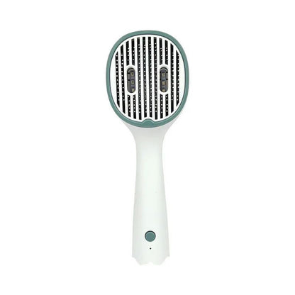 Pet UVC sterilizing comb brush with close-up needle slots, white handle and dark green trim