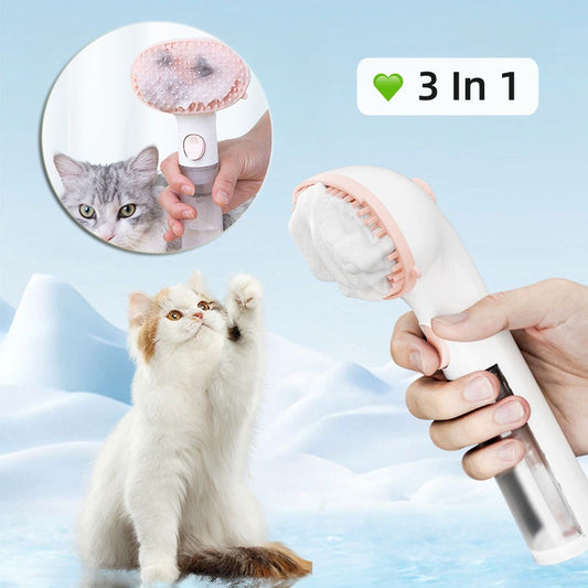 3-in-1 pet steam brush with adjustable comb, white and pink grooming tool