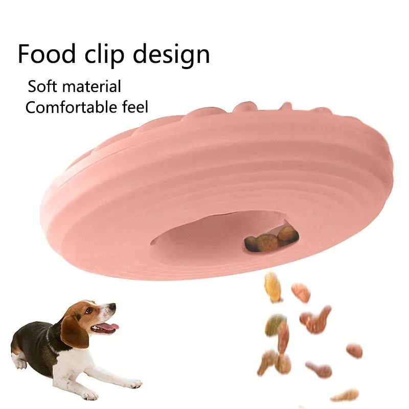 Pink soft TPR feeding frisbee with food cup opening for slow chewing