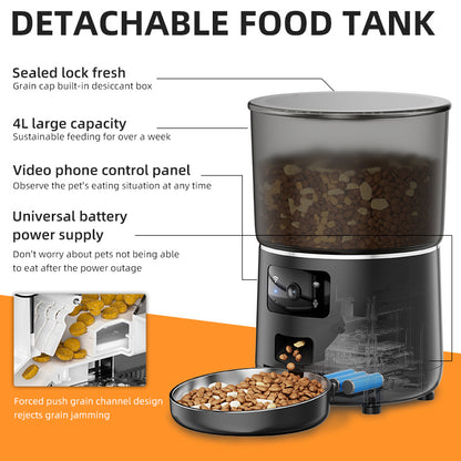 Automatic pet feeder with detachable food tank, black body and front camera control panel