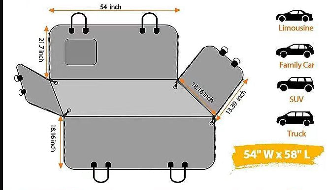 Pet rear seat cushion sizing chart, 54" x 58" with anchor locations and strap tabs