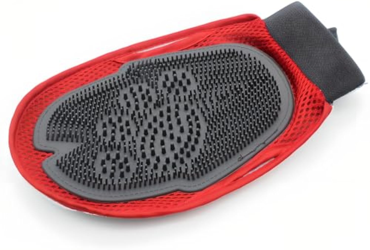 Red pet grooming mitt with gray oval nub pad and black wrist strap