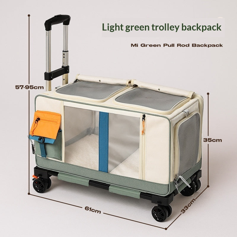 Light green rolling pet carrier with pull handle, side mesh door, and wheels