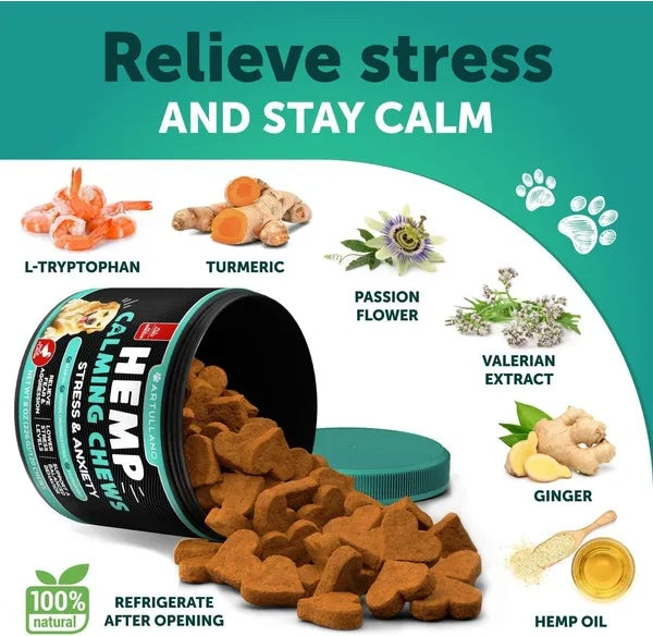 Calming chews ingredients display: turmeric, passion flower, valerian extract, ginger