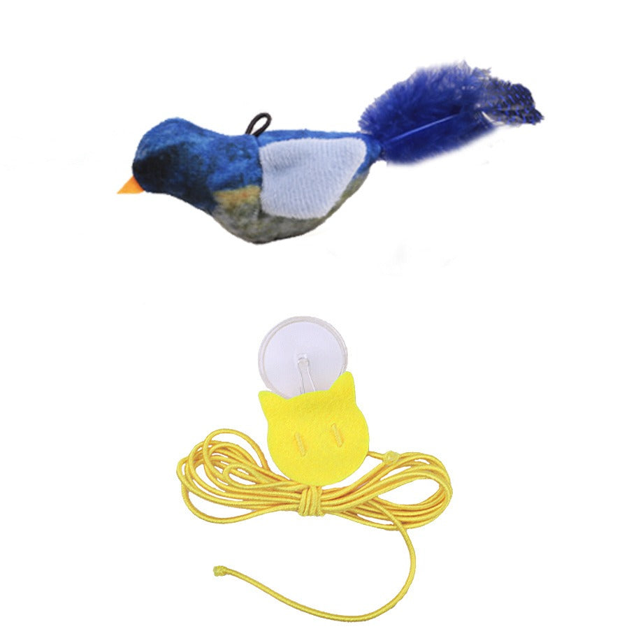 Plüsch-Vogel mit Schnur, blau-grauer Körper, flauschiger Schwanz und Katzenminze