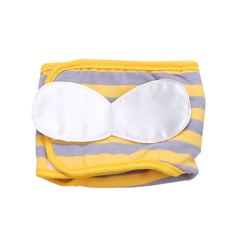 Striped anti-harassment safety pants with yellow waistband and white inner pads