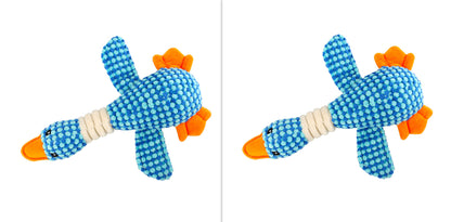 Blue plush dog molar cleaning toy, side view, orange feet and white teething ribs