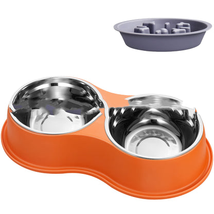 Orange slow-feeding pet bowl: two stainless steel bowls with removable maze insert