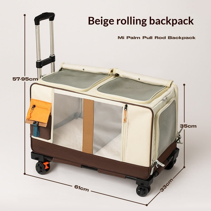 Beige-brown rolling pet carrier with pull handle, mesh panels, and swivel wheels