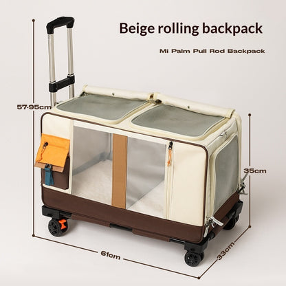 Beige-brown rolling pet carrier with pull handle, mesh panels, and swivel wheels