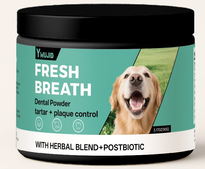 Pet Dental Powder jar with Fresh Breath label and dog photo, 3.17oz (900g)