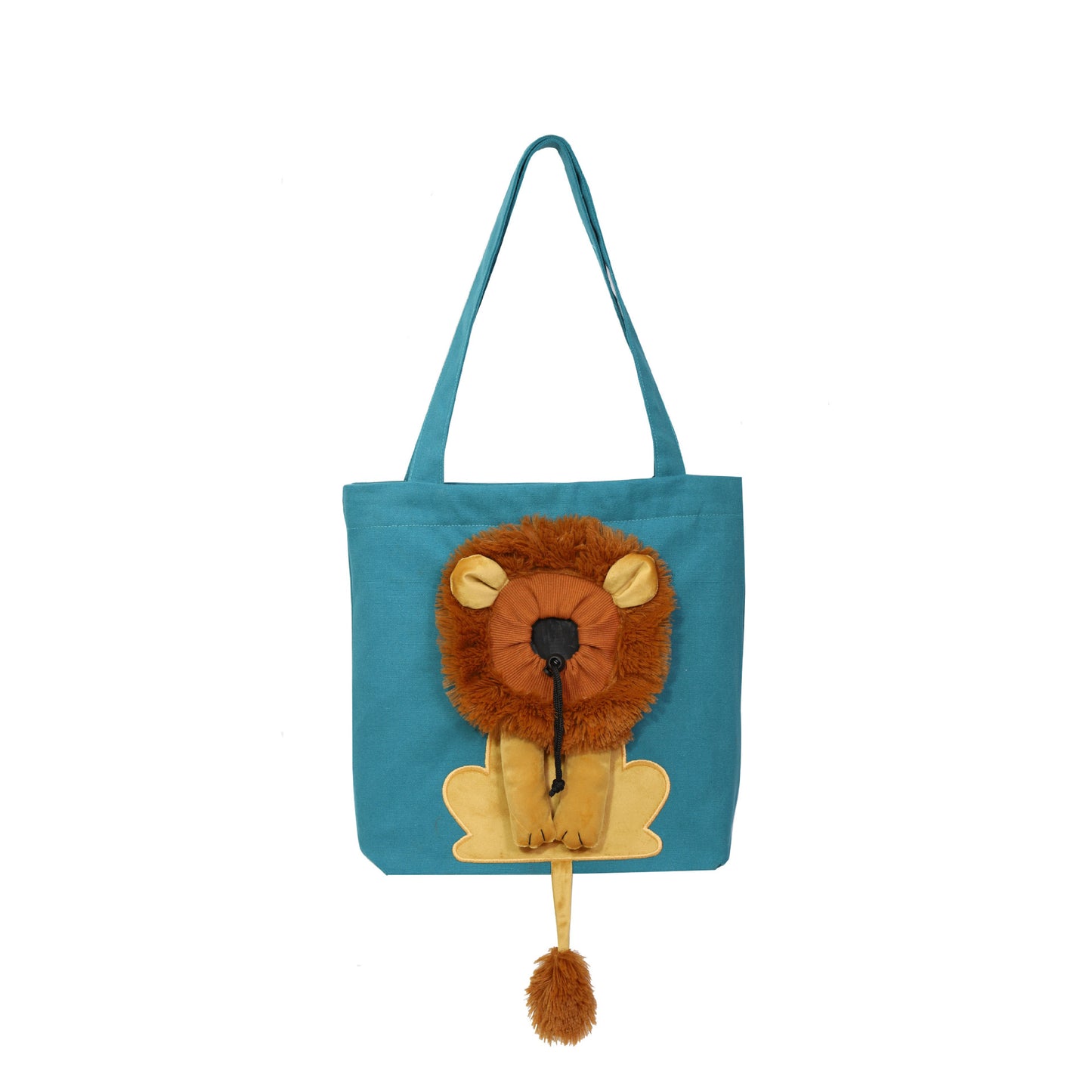 Lagoon blue pet carrier tote with lion face plush and dangling pom-pom tassel