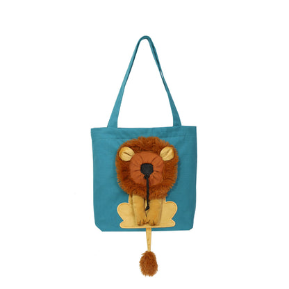 Lagoon blue pet carrier tote with lion face plush and dangling pom-pom tassel