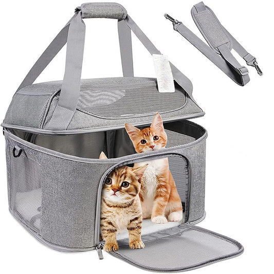 Gray breathable pet backpack carrier with front zip window, padded top handle, straps