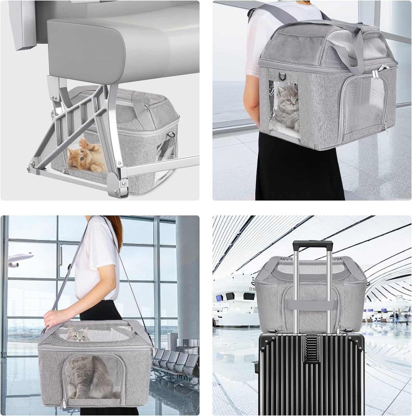 Gray pet carrier on an airplane seat setup, showing zipper front and mesh side